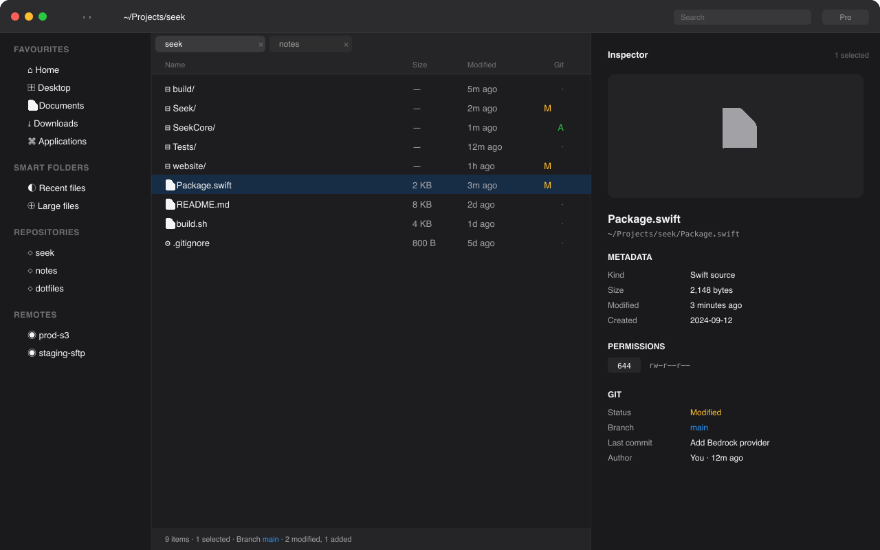Seek file browser with sidebar, tabs, dual pane, git status decorations, and inspector panel